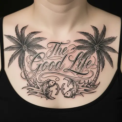Stylish Chest Tattoo: The Good Life & Pisces Design