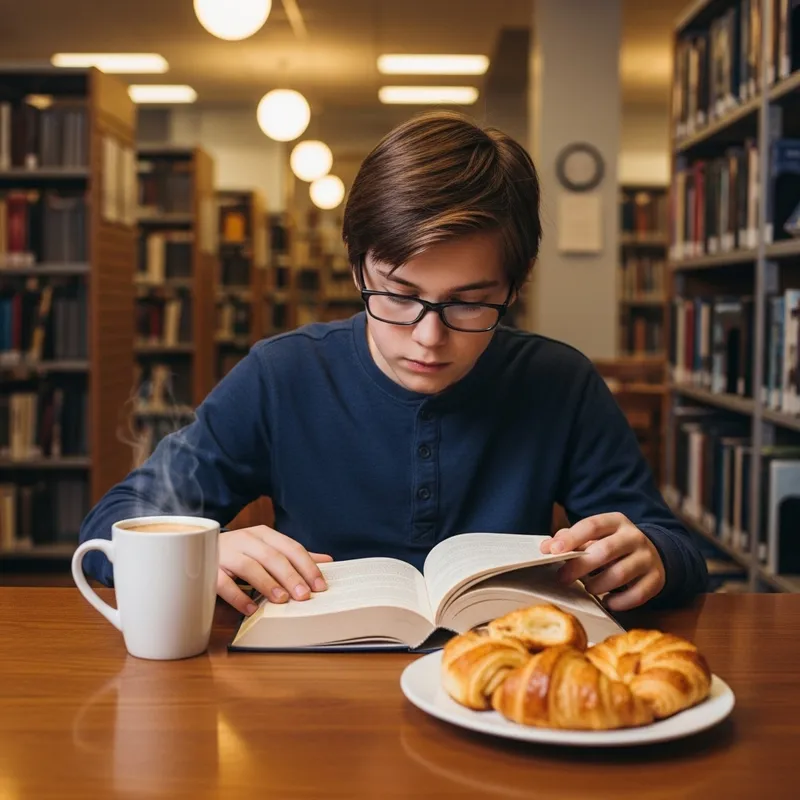 Nerdy Boy in Cozy Library Cafe: Immersed in Books & Pastries Nerdy Boy in Cozy Library Cafe: Immersed in Books & Pastries