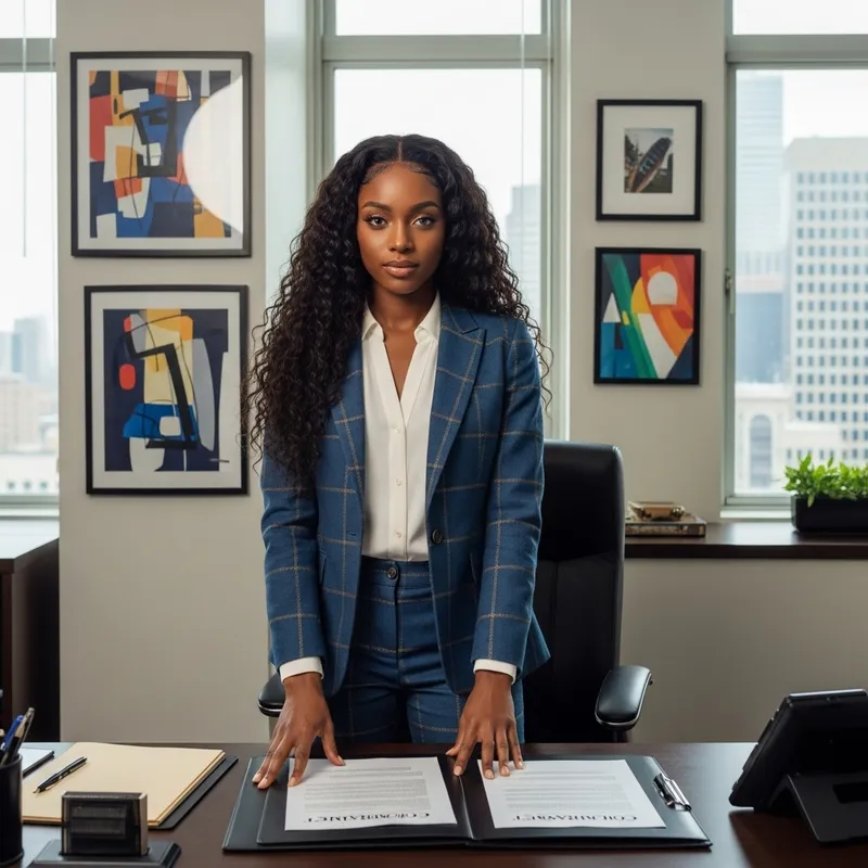 Elegant African Descent Woman in Stylish Business Suit at Modern Office