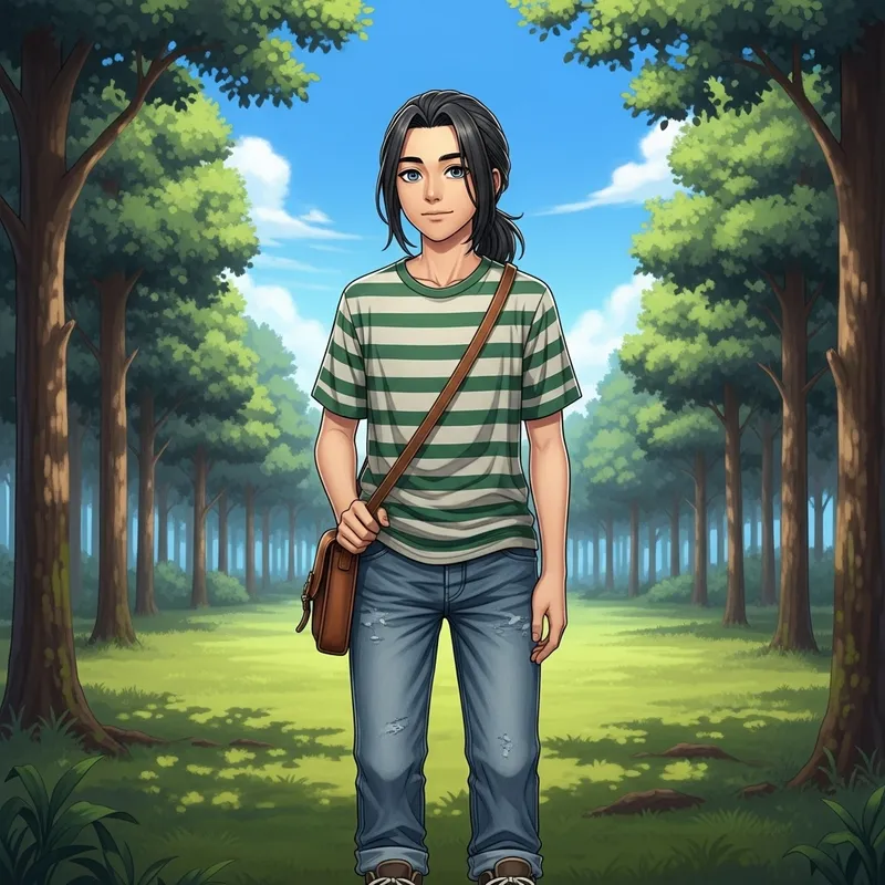 13-Year-Old Boy with Blue Eyes and Long Dark Hair in Forest