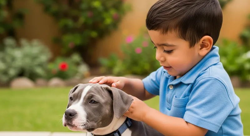Contemporary Close-up Portrait of Toddler Petting Pitbull Puppy in Garden