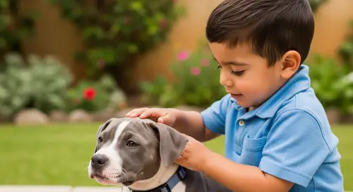 Contemporary Portrait of Hispanic Toddler with Pitbull Puppy