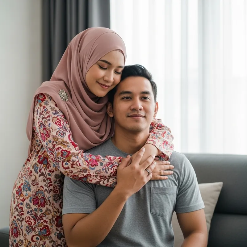 Malaysian Couple Embracing: Love at Home with Traditional Attire