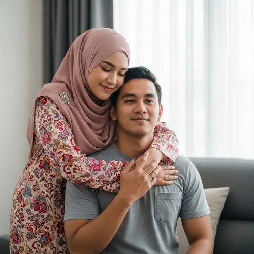 Malaysian Couple Embracing Love at Home: Hijab and Identity