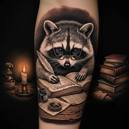 Realistic Raccoon Writing a Book Tattoo Design