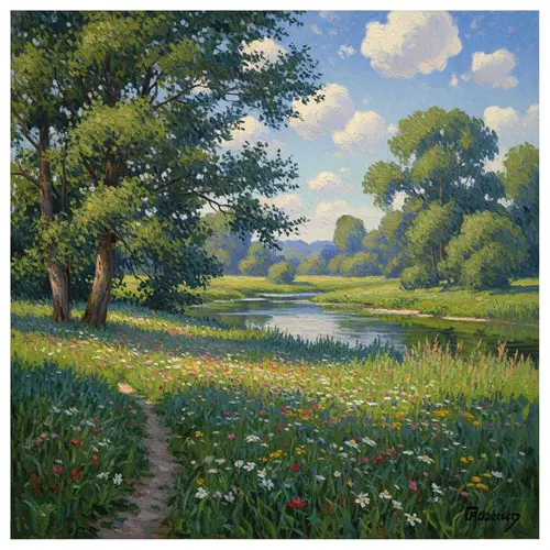 Impressionist Nature Landscape - Tranquil River and Wildflowers