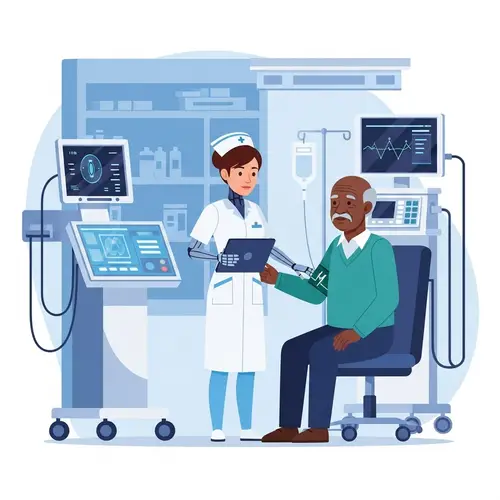 Futuristic Hospital Scene: Robotic Nurse Caring for African Male Patient
