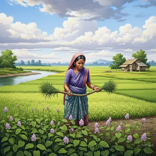 South Asian Female Farmer in Biodiverse Rural Farm - Watercolor Painting