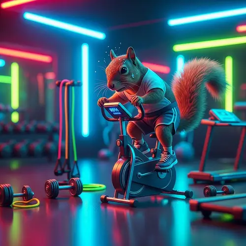 Energetic Squirrel Workout in Neon-Lit Gym