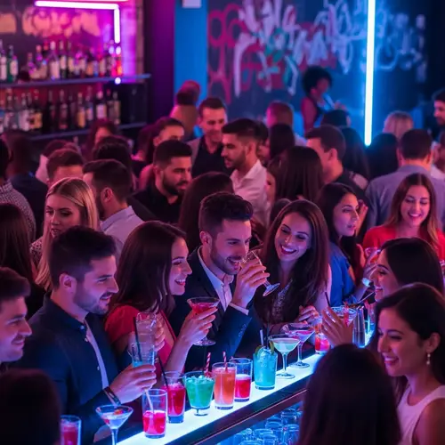 Vibrant Bar Scene: Neon Lights, Diverse Crowd & Colorful Drinks