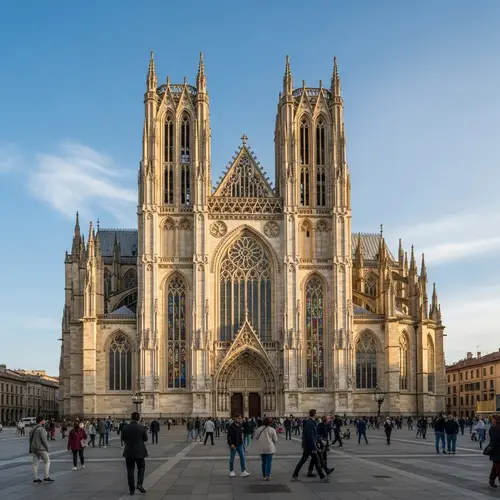 Majestic Cathedral with Gothic Spires and Stained Glass Windows
