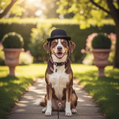 Adorable Dog with a Whimsical Hat in a Garden