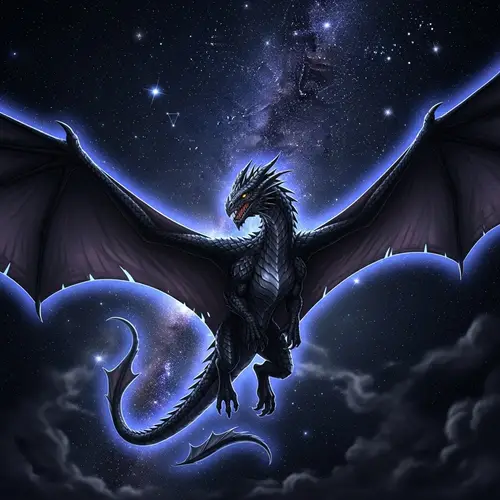 Black Dragon Soaring in Starry Night Sky
