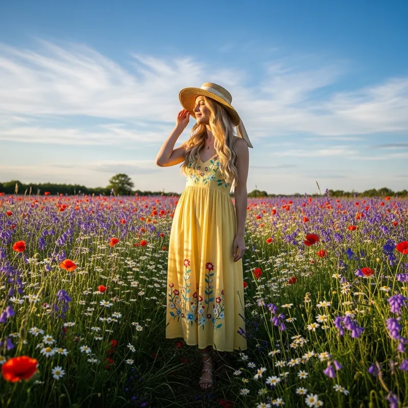 Blonde Woman with Flowing Hair in Fashionable Outfit | Meadow Wildflowers