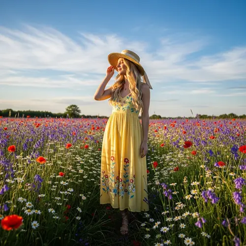 Blonde Woman in Fashionable Summer Outfit | Beautiful Meadow View