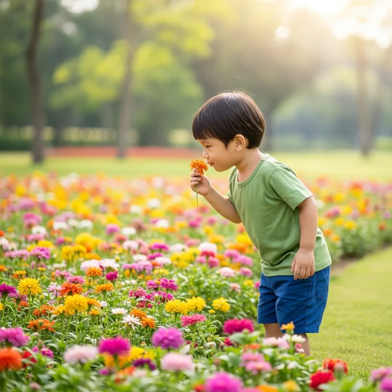 Child Delighting in Fragrant Garden Blooms