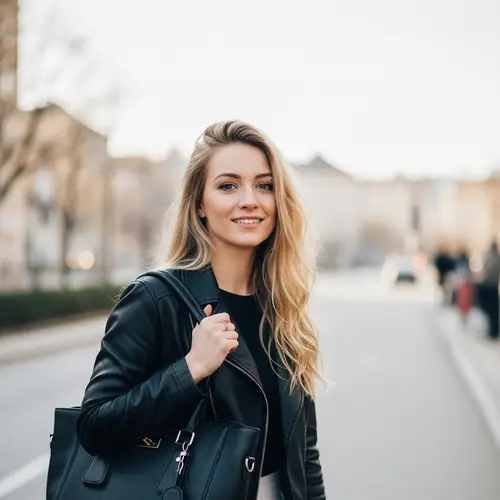 Beautiful Blonde Woman with Black Leather Handbag - Tilt-Shift Photo