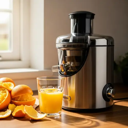 Modern Stainless Steel Juicer on Wooden Kitchen Counter