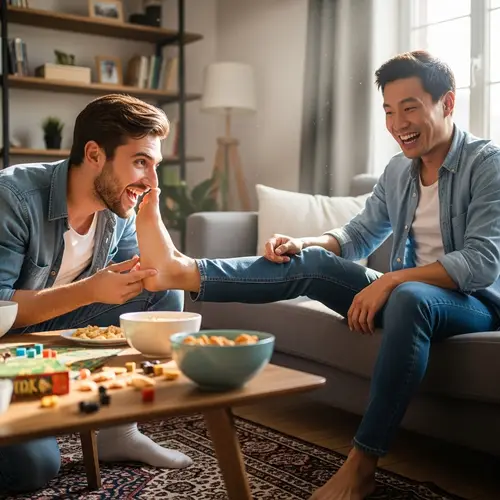 Playful Young Men in Casual Attire | Friendly Atmosphere