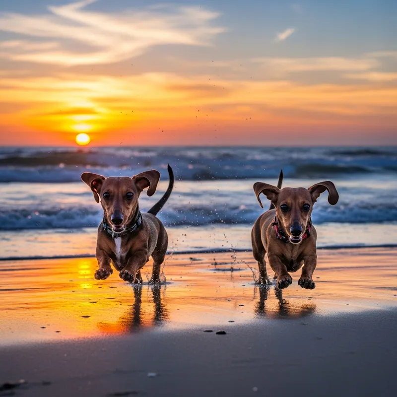 Playful Sausage Dogs Running on Beach