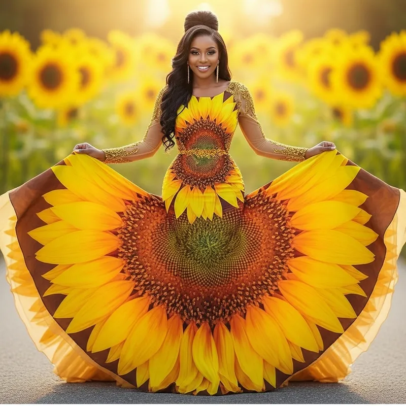 Sunflower Petals Long Gown - Floral Elegance & Grace