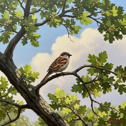 Impressionist Sparrow Painting on Oak Tree Branch