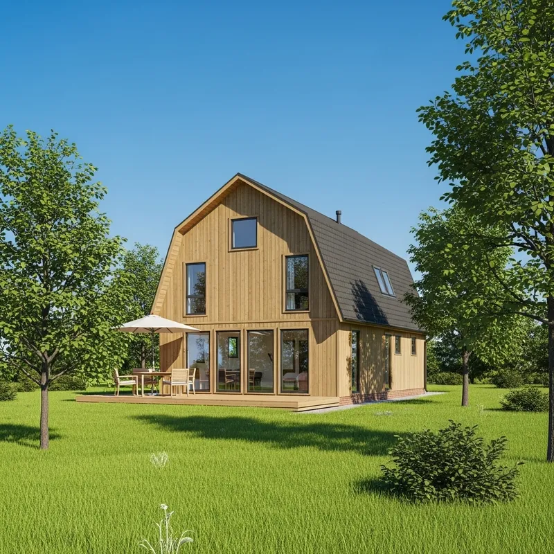 Create Panel-Frame Barnhouse Amidst Greenery and Blue Sky