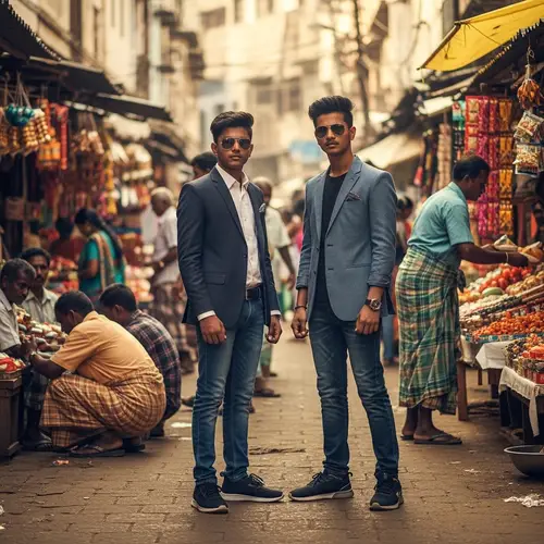 Dapper South Indian Boys in Hip Hop Fashion Amidst Bustling Market