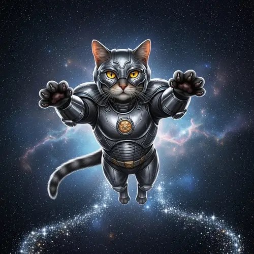 Superhero Cat Flying into Space with Shiny Armor