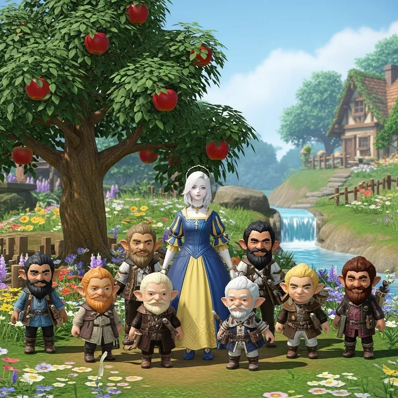Snow White and the Seven Dwarfs in Enchanted Garden Landscape