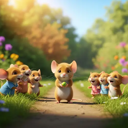 Adorable Sad Mouse Kid in a Sunny Garden Scene