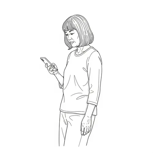 Middle-Aged Asian Female Using Mobile Phone - Line Drawing