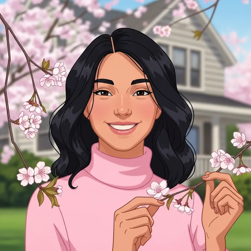 Serene Young Woman in Vintage Anime Style | Cherry Blossom Portrait Serene Young Woman in Vintage Anime Style | Cherry Blossom Portrait