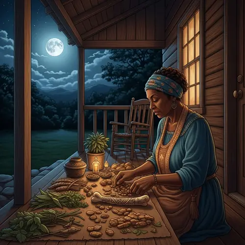 African American Woman Rootworker Herbalist Practice at Night