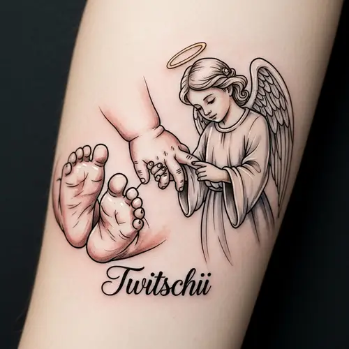 Sketch Watercolor Tattoo of Baby's Feet and Hands with Angel and 'Twiitschii'