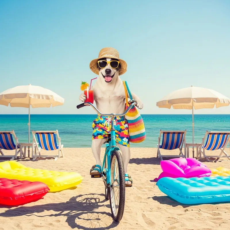 Stylish Dog on Beach Resort: Vintage Bicycle Joy amidst Lively Beach Vibe