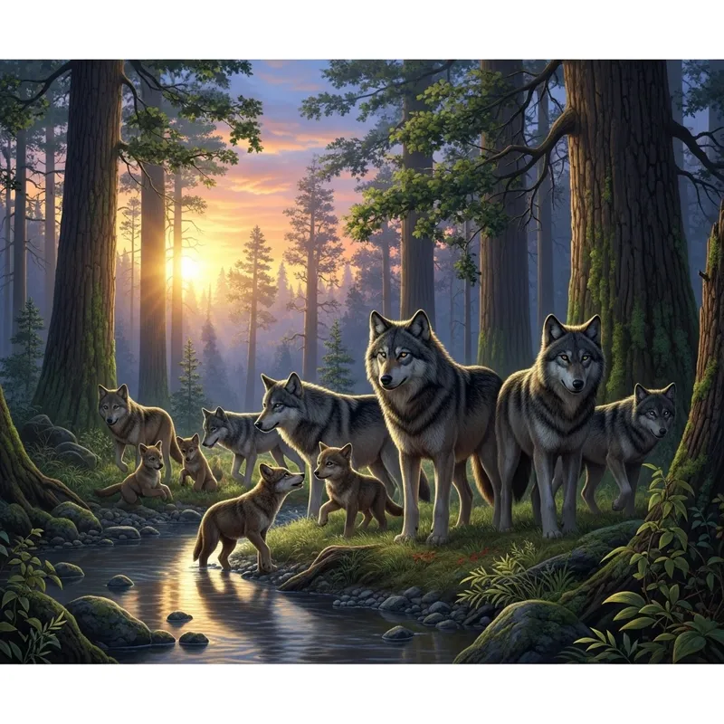 Wild Wolf Pack in Dense Forest
