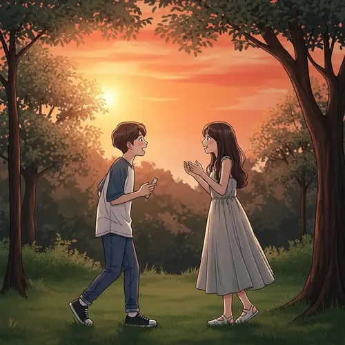 Engaging Conversation Between Korean Boy and Girl at Sunset in Park Setting