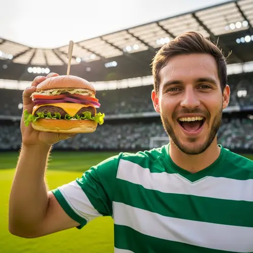 Football Player Celebrating Victory with Burger Trophy