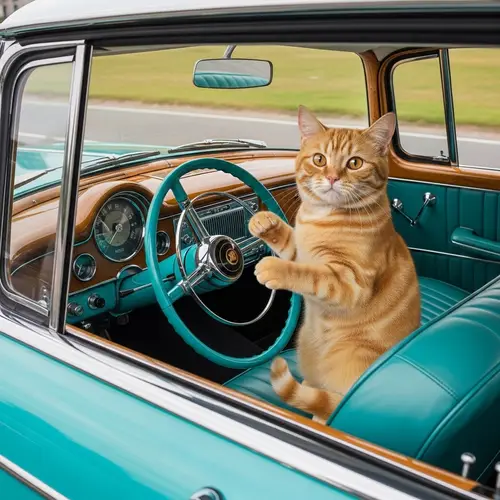 Adorable Cat Driving Vintage Turquoise Car