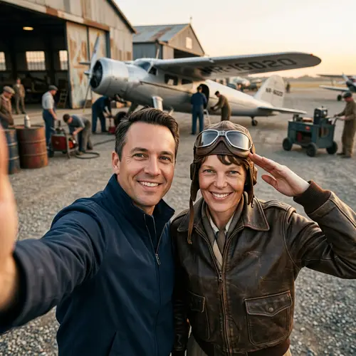 Candid Selfie with Amelia Earhart at 1930s Airfield