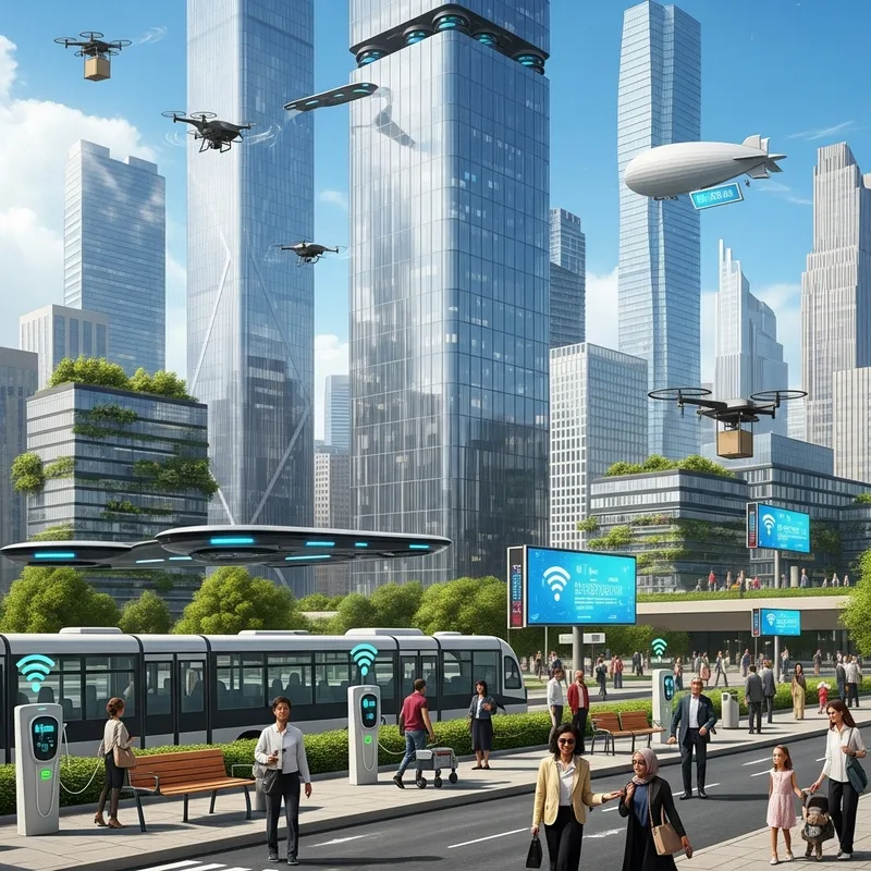 Futuristic Cityscape 2030: Skyscrapers, Hover Cars & Smart Elements