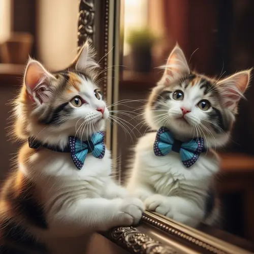 Adorable Calico Kitten Gazing at Mirror | Butterfly Bow Tie