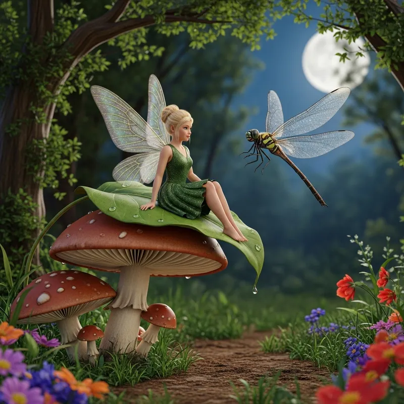 Magical Fairy Sitting on Giant Mushroom Leaf Magical Fairy Sitting on Giant Mushroom Leaf