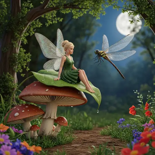 Enchanting Fairy Tale Scene on Giant Mushroom Leaf