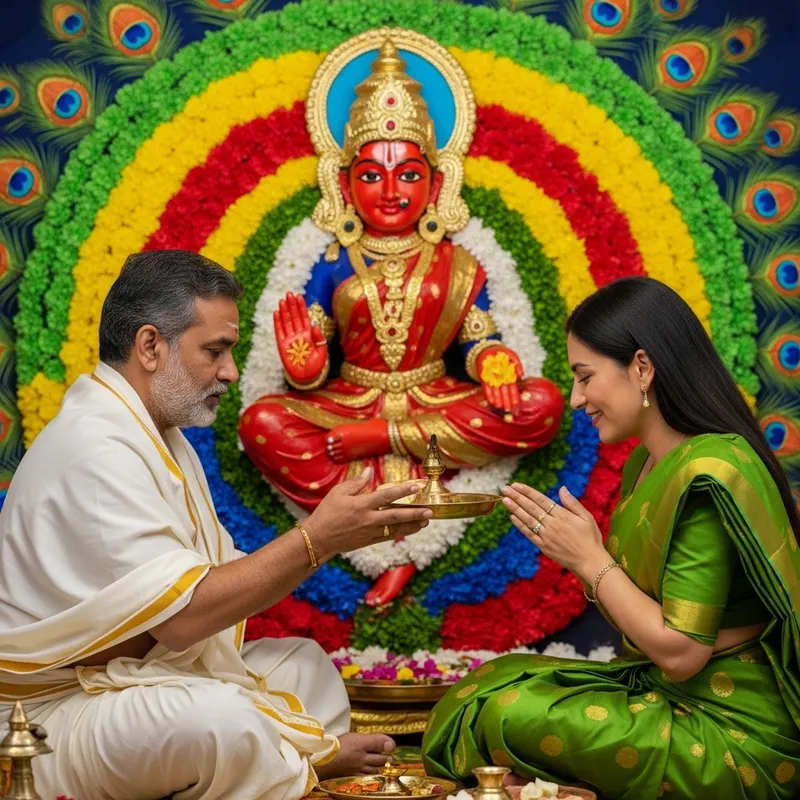 South Asian Pandit Conducting Pooja Service with Peacock Blue Deity South Asian Pandit Conducting Pooja Service with Peacock Blue Deity