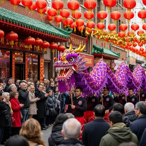 Vibrant Purple Dragon Traditional Dance in Chinatown