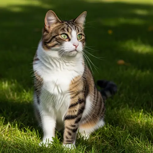 Colorful Furry Cat Sitting on Green Lawn