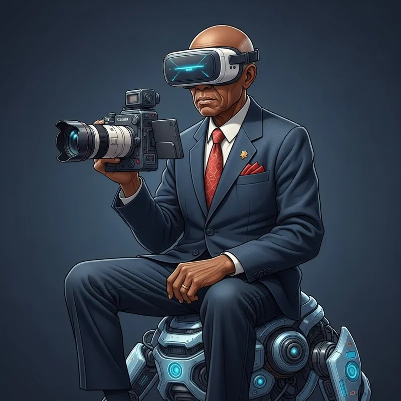 Futuristic African American Photographer with Canon Camera and Apple VR Goggles