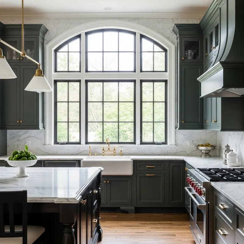 Dark Green Cabinets and White Marble | Stylish Kitchen Design